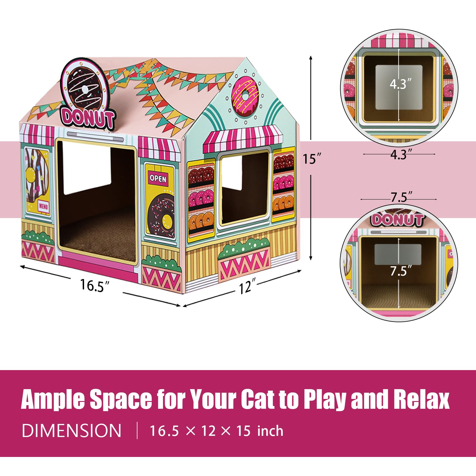 Sekam Cardboard Cat House With Scratcher/Catnip (16.5' X 12' X 15'), Donut Shop For Indoor/Outdoor, Cat Scratch Box & Home De